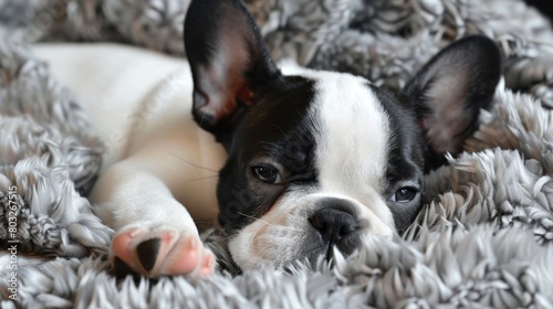 Chic french bulldog pup lounging in a cozy bed, a fashionable and elegant furry companion © Ilja