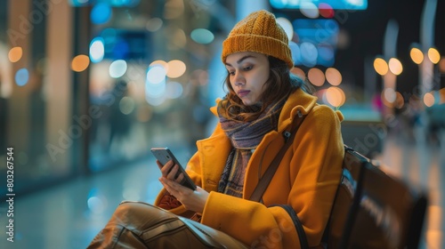 A young woman in a yellow coat and orange beanie is sitting on a bench and looking at her phone. There are city lights in the background.