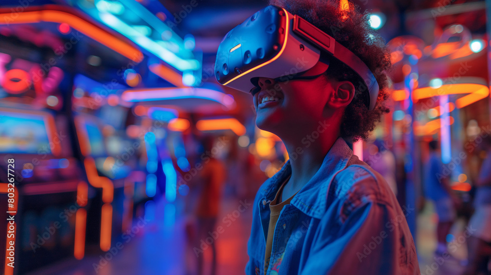 Joyful child exploring virtual reality in a neon-lit arcade setting. Joyful child exploring virtual reality in a neon-lit arcade setting.