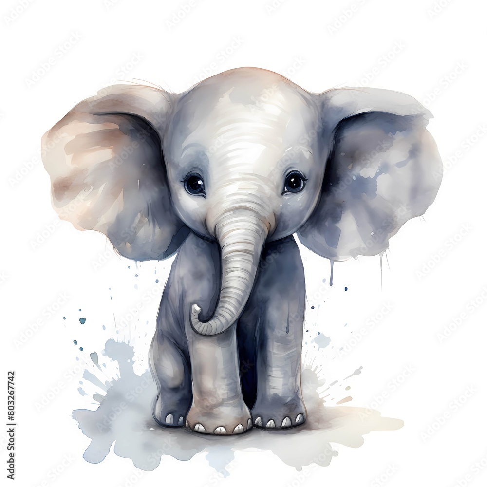 Baby elephant. Cute elephant clipart. Watercolor illustration. Generative AI. Detailed illustration.