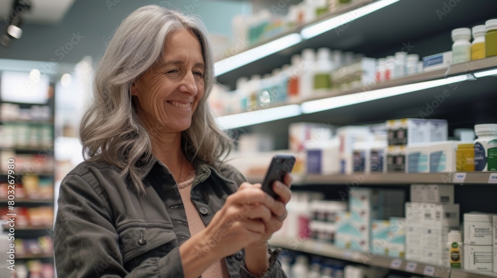Mature Woman Using Smartphone in Pharmacy