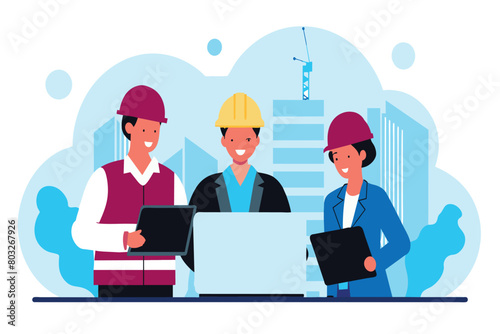 Three engineers with hard hats and laptops discussing a project