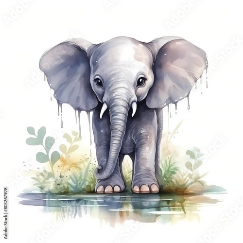 Baby elephant. Cute elephant clipart. Watercolor illustration. Generative AI. Detailed illustration.