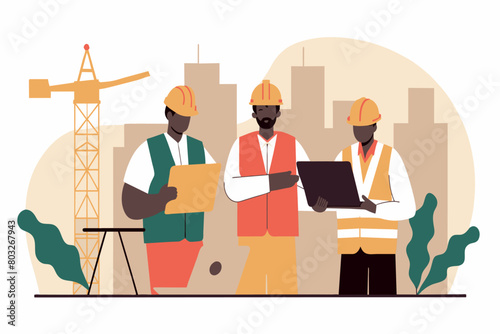Three engineers in hard hats with plans and laptop at a construction site