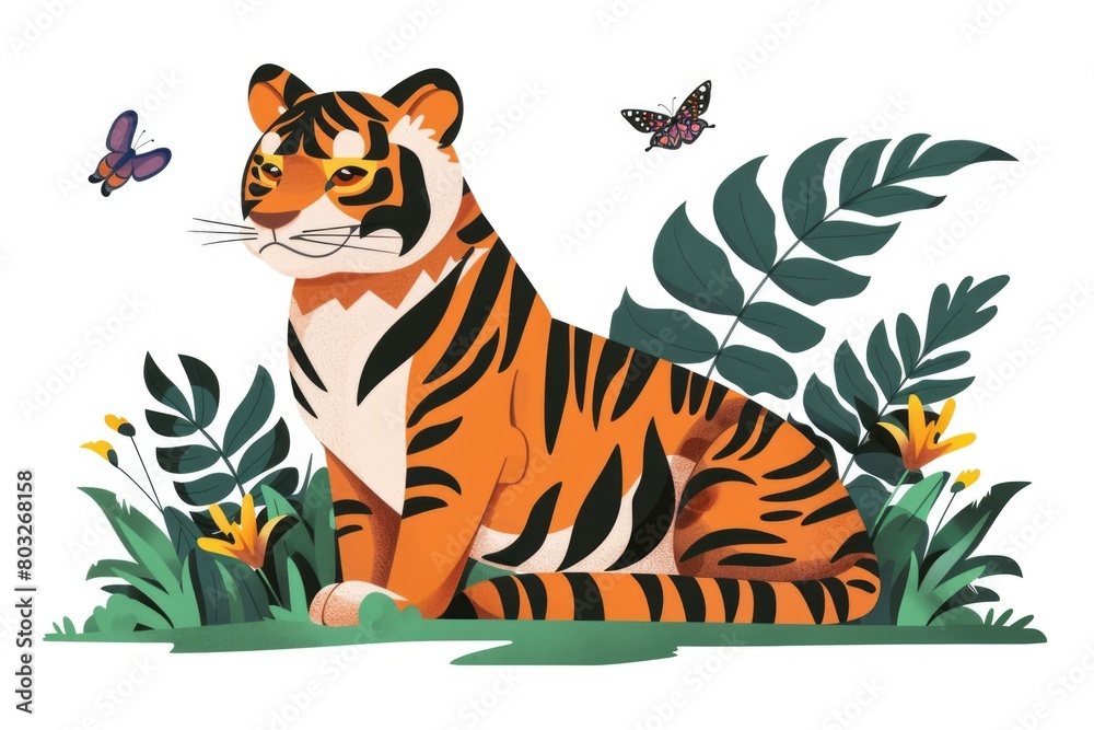Tiger sitting in the grass with a butterfly flying above. Ideal for nature and wildlife concepts