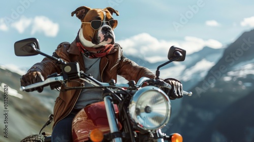Canine biker in stylish attire navigating a motorcycle on a mountain pass, an amusing twist on the classic biker image © Sasint