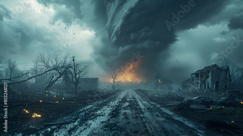 The Force of a Tornado Lifts Cars and Demolishes,
exhaust fumes from industrial factory in polluted futuristic landscape photo