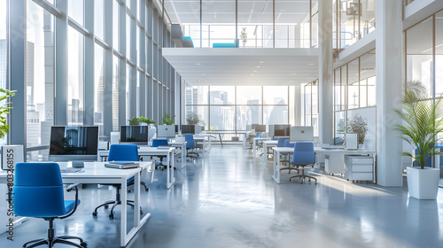 Modern open space office interior with desk AI generate image.