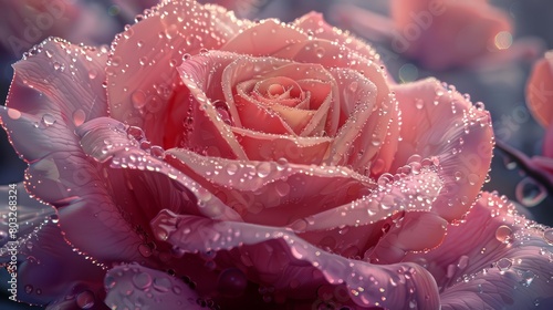 Capture the intricate details of a blooming rose at eye-level, revealing delicate velvet petals, glistening with dew