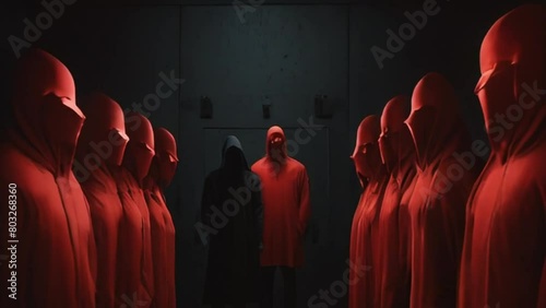 Group of People in Red Robes and Hoods with One Figure in Black in a Dark Room