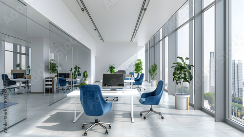 Modern open space office interior with desk AI generate image.