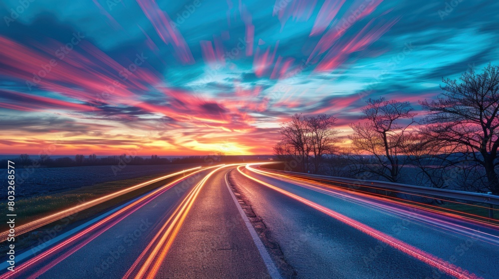 Countryside asphalt road in motion with trees against a night sky Countryside asphalt road in motion with trees against a night sky