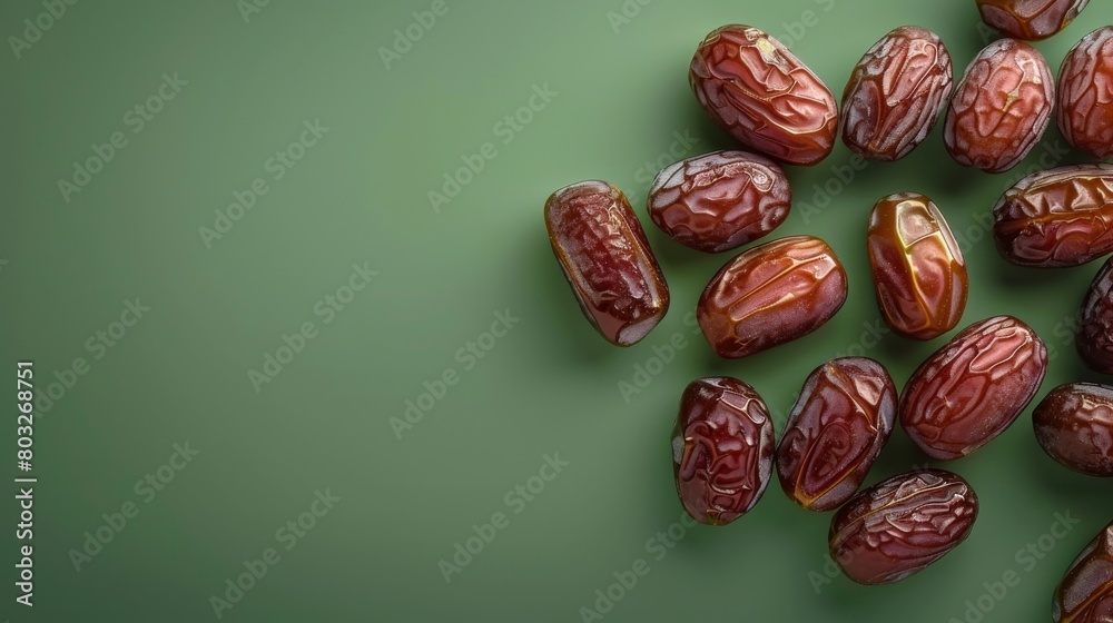 Obraz premium Glossy brown dates on green background with copy space, highlighting their natural sweetness and role in nutritious snacking and Middle Eastern cuisine.