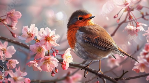 Delight clients with a birds-eye view close-up of a charming robin perched on a blossoming cherry blossom branch Highlight its fluffy feathers, beady eyes, and the delicate pink petals in a captivatin © Keyframe's