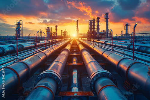 Crude gas and oil pipes of refinery plant or petrochemical industry. Scenery of steel tube lines and sky. Concept of energy, power