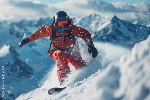 Man in sportswear sliding on snowboard over snowy mountains background. Winter activity. Concept of winter sport, action, motion, hobby, leisure time © Anna
