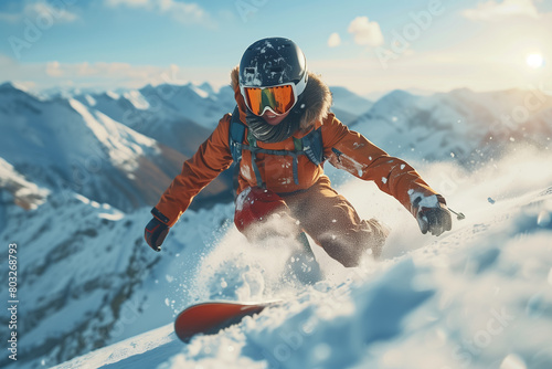 Man in sportswear sliding on snowboard over snowy mountains background. Winter activity. Concept of winter sport, action, motion, hobby, leisure time