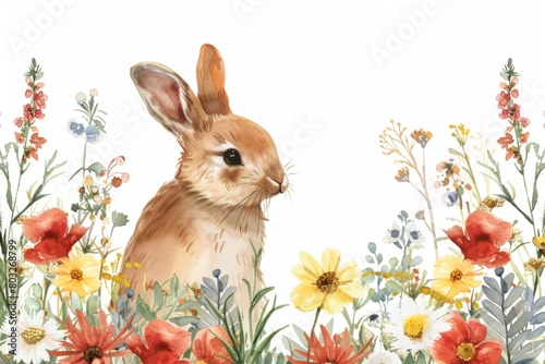 A watercolor painting of a rabbit surrounded by colorful flowers. Suitable for nature-themed designs