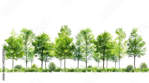 Cutout tree line. Row of green trees and shrubs in summer isolated on white background.