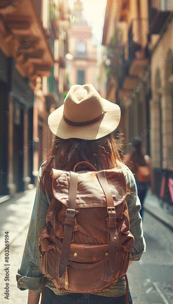 Young backpacker exploring charming streets of historic spanish town on solo travel adventure Young backpacker exploring charming streets of historic spanish town on solo travel adventure