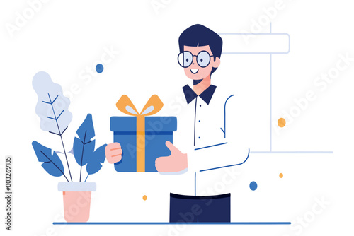Animated character with a gift, expressing happiness and generosity