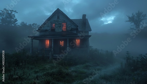 Abandoned house at dusk, eerie shadows, haunting, mysterious mood