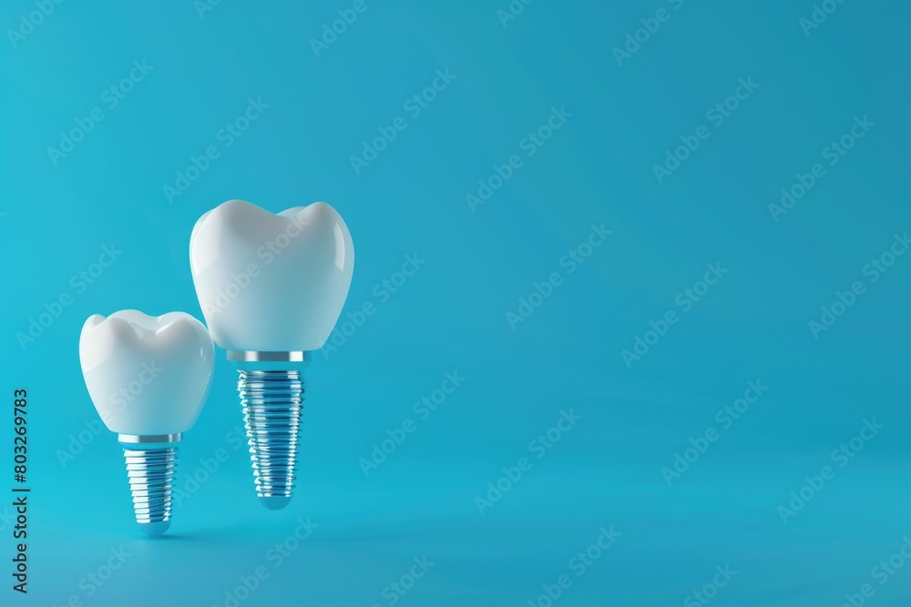 Image of three dental implants on a blue background. Ideal for dental clinic promotions Image of three dental implants on a blue background. Ideal for dental clinic promotions