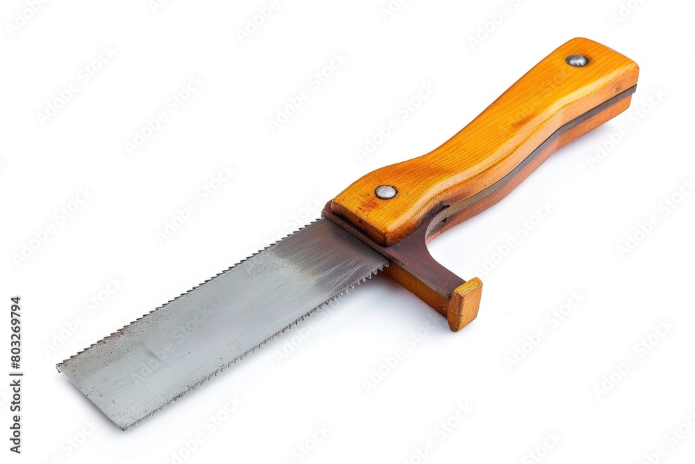 A knife with a wooden handle on a white surface. Suitable for kitchen or cooking concepts A knife with a wooden handle on a white surface. Suitable for kitchen or cooking concepts