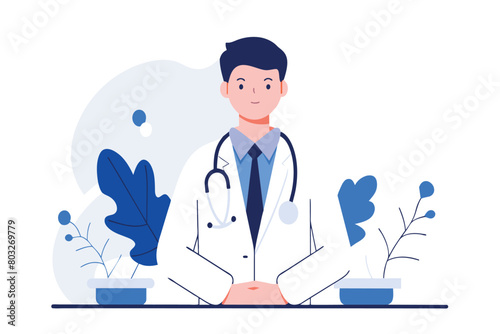A male doctor with a stethoscope sits confidently at his desk
