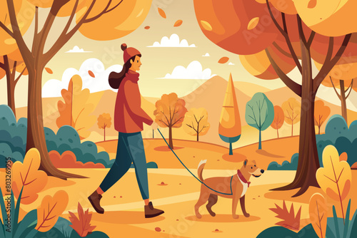 A person and their dog enjoying a peaceful stroll among fall foliage