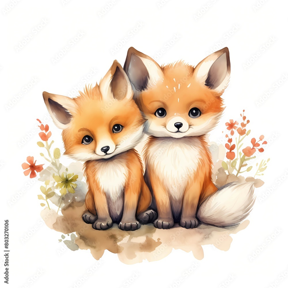 Obraz premium Fox couple. Beautiful foxes. Baby fox clipart. Watercolor illustration. Generative AI. Detailed illustration.