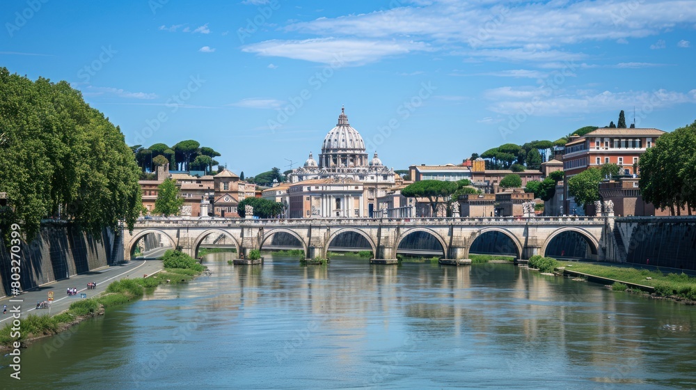 Daily view of San Pietro, Saint Peter basilica, with Sant'Angelo bridge