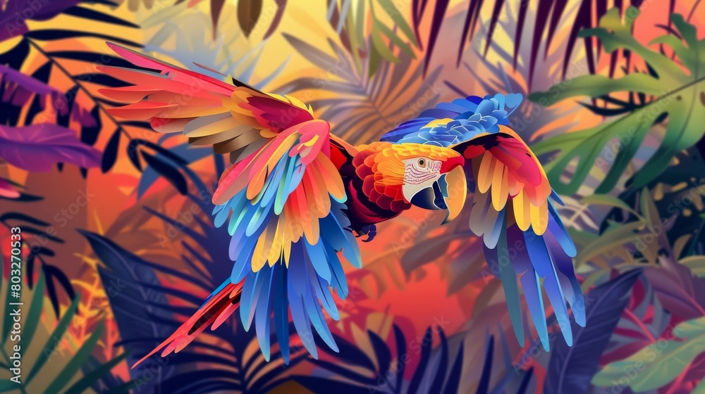 Colorful macaw flying through lush tropical jungle in vibrant abstract style