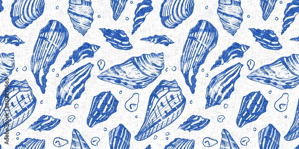 Azure blue white shell motif with linen seamless batik border background. Modern coastal beach cottage rustic shell block print home decor pattern design in sealife beach banner style. Azure blue white shell motif with linen seamless batik border background. Modern coastal beach cottage rustic shell block print home decor pattern design in sealife beach banner style.