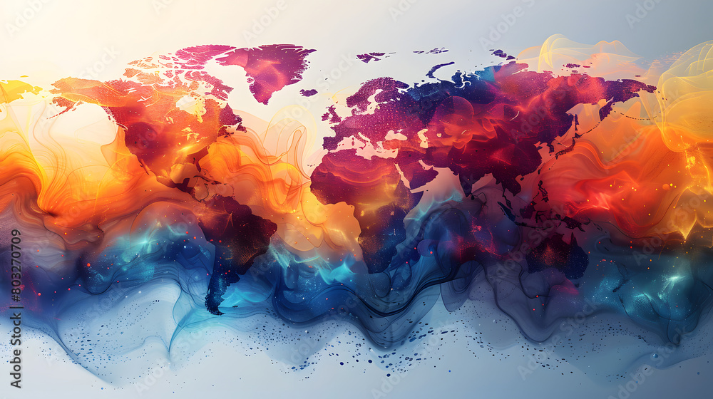 Artistic representation of a world map depicted in a vibrant, colorful ...