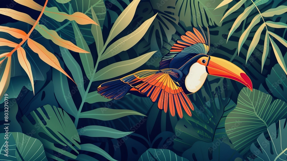 Naklejka premium Vibrant abstract illustration of a colorful toucan flying among lush tropical leaves