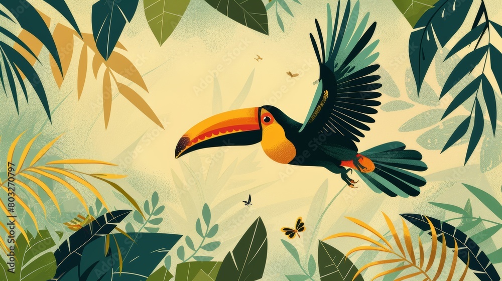 Fototapeta premium Vibrant abstract illustration of a colorful toucan flying among lush tropical leaves