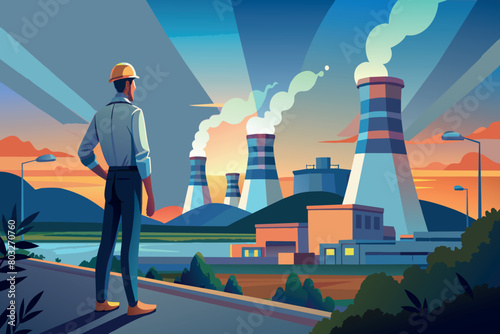 A worker gazes at a nuclear facility during a vibrant sunset