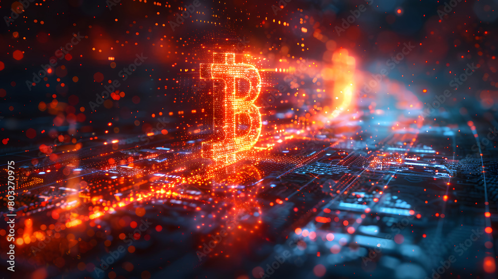 Vivid digital artwork of a glowing Bitcoin symbol integrated into a high-tech network, symbolizing cryptocurrency technology