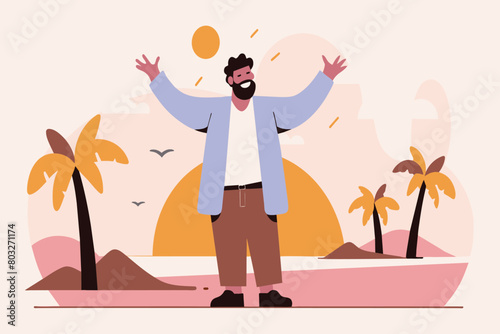 Joyful man with open arms at a beach during sunset, with palms and birds
