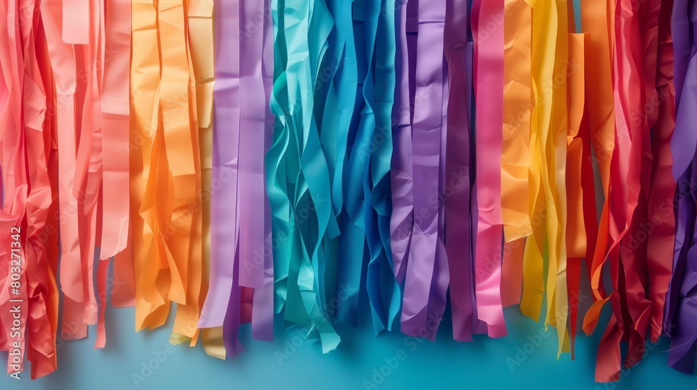 A colorful stream of paper is shown in a row. The colors are bright and vibrant, creating a cheerful and lively atmosphere. The stream of paper is long and narrow, with each piece varying in size