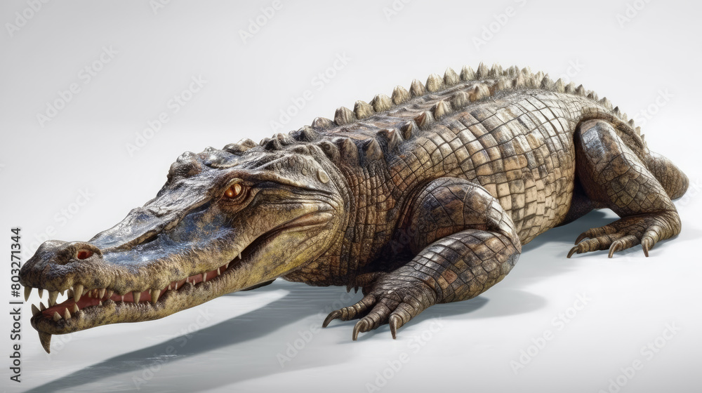 Realistic Crocodile Resting on a White Background Showcasing Detailed Scales and Fierce Beauty Realistic Crocodile Resting on a White Background Showcasing Detailed Scales and Fierce Beauty