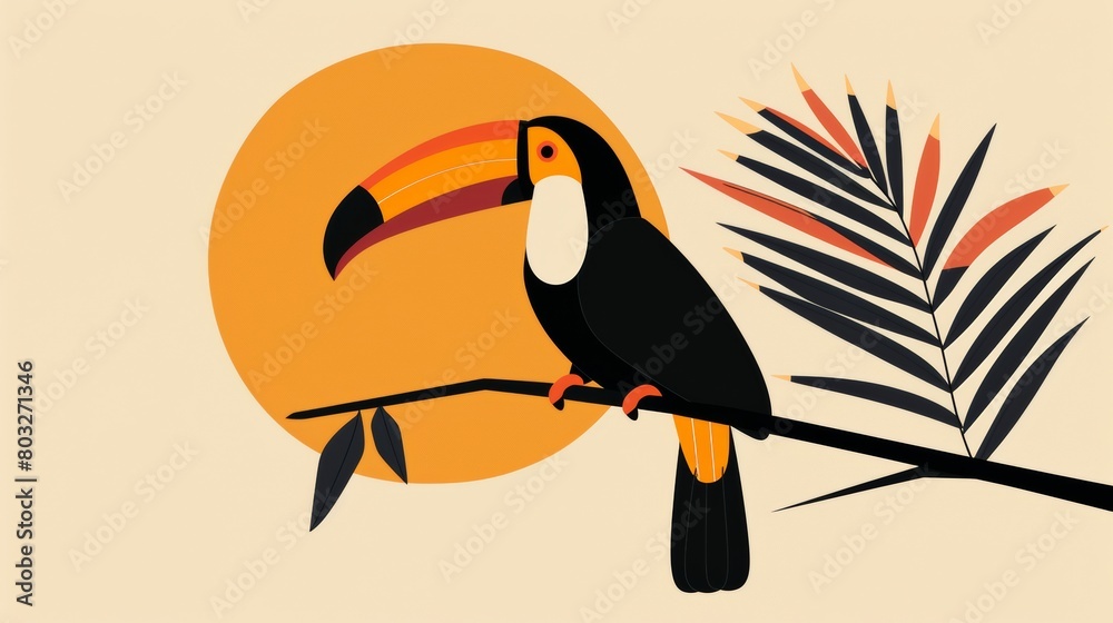 Naklejka premium Colorful digital illustration of a toucan among vibrant tropical leaves