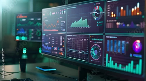 computer monitor displaying an abstract network monitoring dashboard with real-time data analytics, graphs, and system health indicators