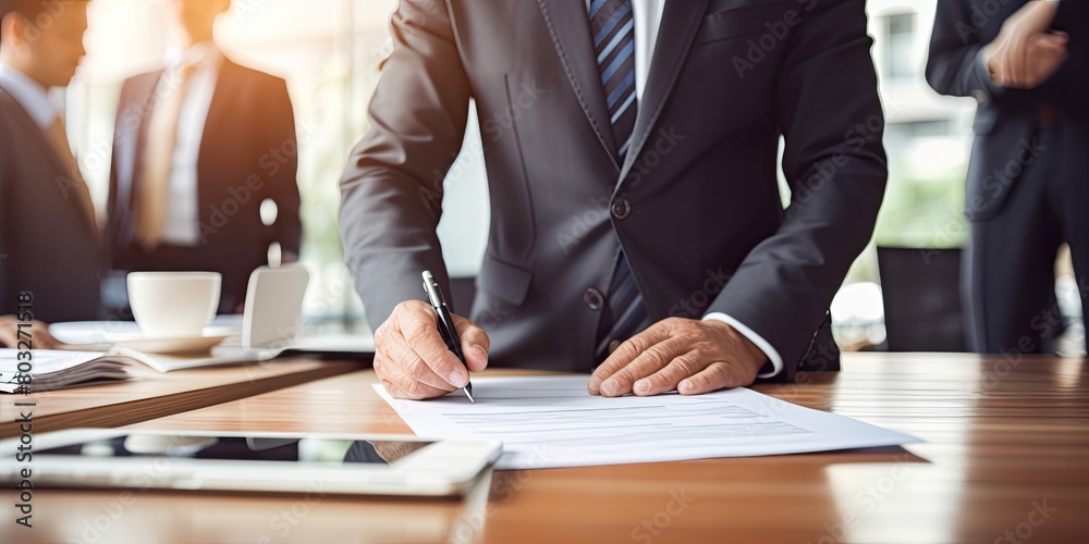 Focused Task: Man Concentrates on Writing at Desk in Professional Environment Focused Task: Man Concentrates on Writing at Desk in Professional Environment