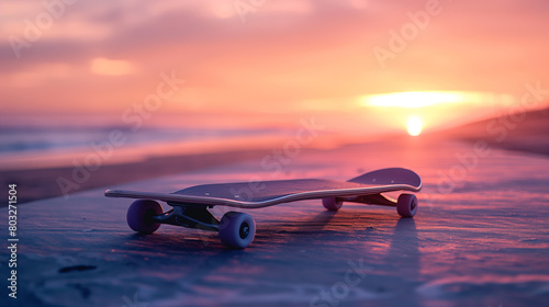 The image of a lone longboard at sunset evokes feelings of nostalgia, adventure, and tranquil summer evenings photo