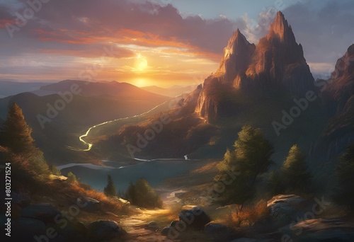AI generated illustration of a sunset over rocky mountain with lake and distant mountains © Wirestock