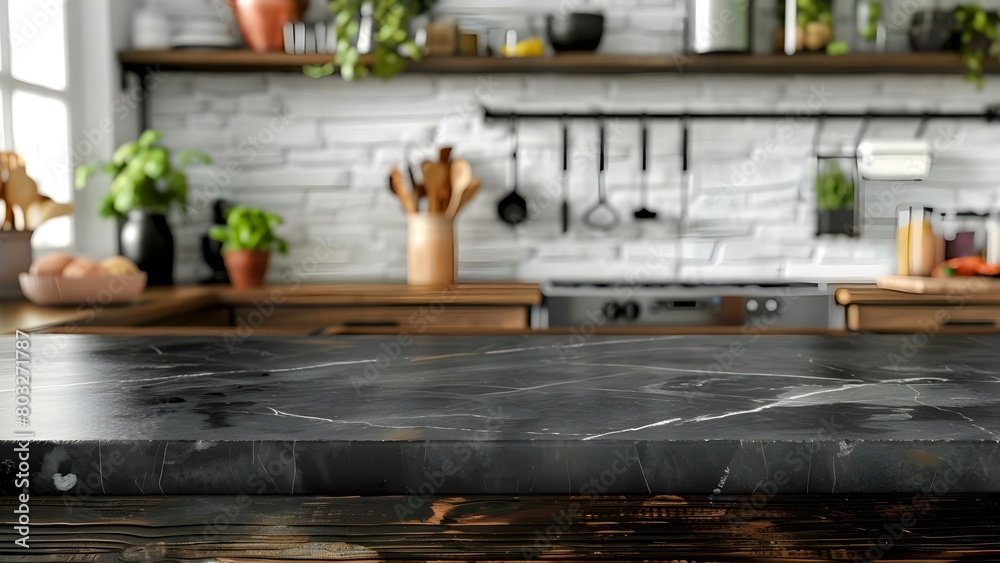 Blurred kitchen background with dark marble table for product display. Concept Product Display, Kitchen Background, Blurred, Dark Marble Table Blurred kitchen background with dark marble table for product display. Concept Product Display, Kitchen Background, Blurred, Dark Marble Table