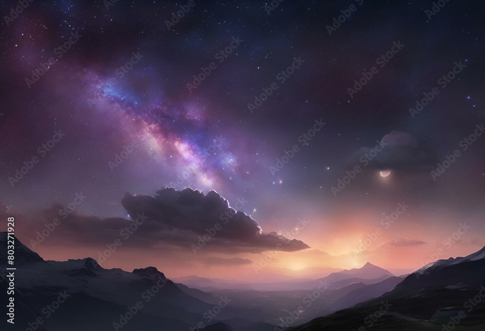 AI generated illustration of a stunning painting of mountains, stars and clouds