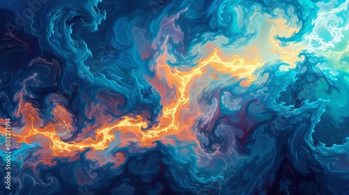 Vibrant abstract painting of a storm, capturing the dynamic interplay of blue and orange hues